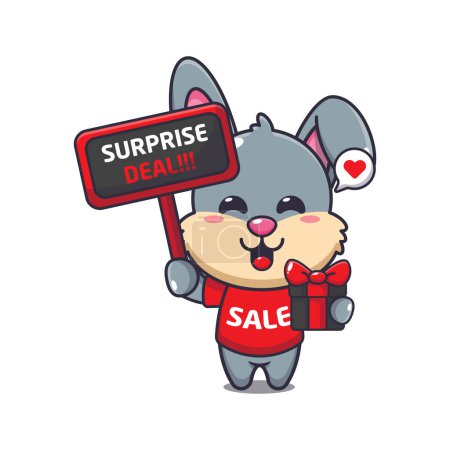 Ilustración de Lindo conejo con signo de promoción y caja de regalo en negro viernes venta ilustración vector de dibujos animados - Imagen libre de derechos
