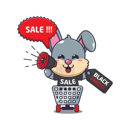 Ilustración de Lindo conejo en el carrito de compras está promoviendo la venta de viernes negro con ilustración vectorial de dibujos animados megáfono - Imagen libre de derechos