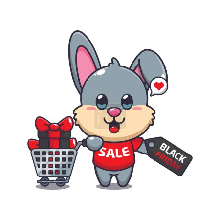 Ilustración de Lindo conejo con carrito de compras y cupón de descuento negro viernes venta ilustración vector de dibujos animados - Imagen libre de derechos