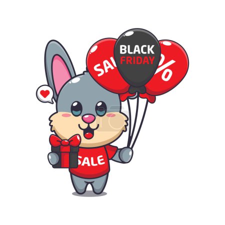 Ilustración de Lindo conejo con regalos y globos en negro viernes venta ilustración vector de dibujos animados - Imagen libre de derechos