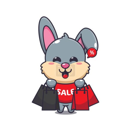 Téléchargez les photos : Mignon lapin avec sac à provisions en noir vendredi vente dessin animé vectoriel illustration - en image libre de droit