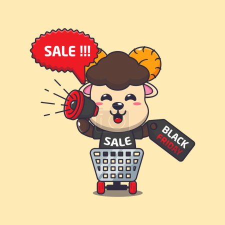 Illustration for Cute ram sheep in shopping cart is promoting black friday sale with megaphone cartoon vector illustration - Royalty Free Image