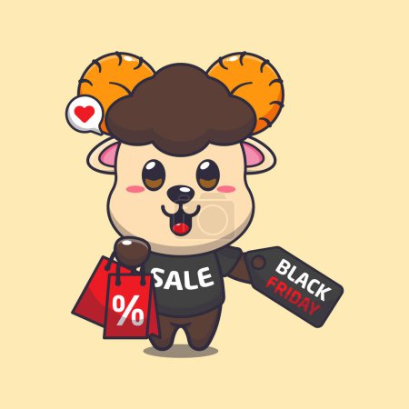 Illustration for Cute ram sheep with shopping bag and black friday sale discount cartoon vector illustration - Royalty Free Image