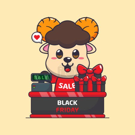 Illustration for Cute ram sheep with cashier table in black friday sale cartoon vector illustration - Royalty Free Image