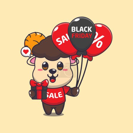 Illustration for Cute ram sheep with gifts and balloons in black friday sale cartoon vector illustration - Royalty Free Image