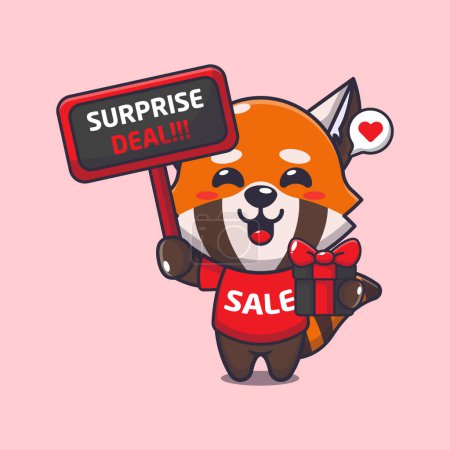 Illustration for Cute red panda with promotion sign and gift box in black friday sale cartoon vector illustration - Royalty Free Image
