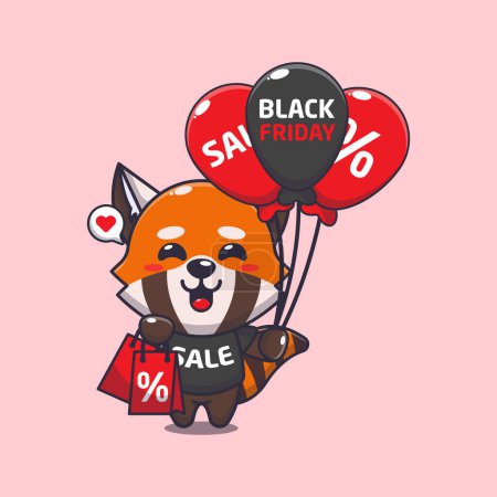 Téléchargez les illustrations : Mignon panda rouge avec sac à provisions et ballon à noir vendredi vente dessin animé vecteur illustration - en licence libre de droit