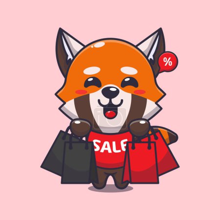 Illustration for Cute red panda with shopping bag in black friday sale cartoon vector illustration - Royalty Free Image