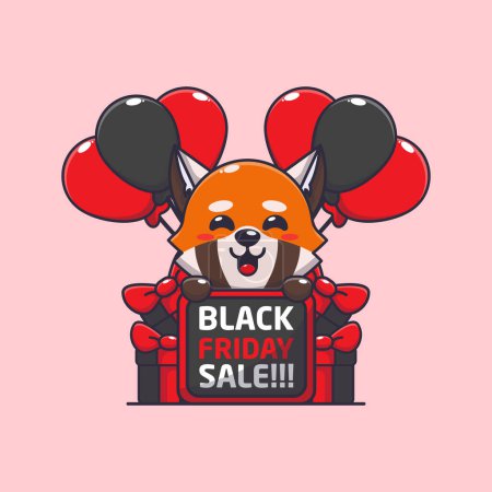 Téléchargez les illustrations : Mignon panda rouge heureux en noir vendredi vente dessin animé vectoriel illustration - en licence libre de droit