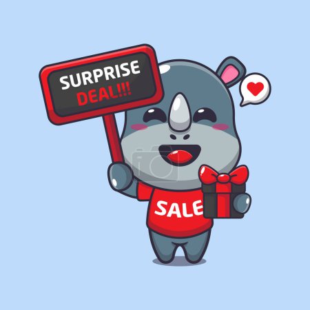 Illustration for Cute rhino with promotion sign and gift box in black friday sale cartoon vector illustration - Royalty Free Image