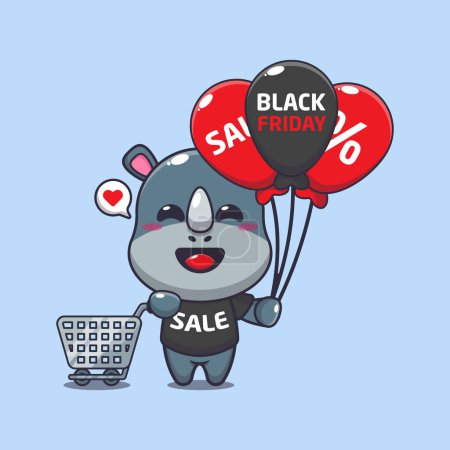 Ilustración de Rinoceronte lindo con carrito de compras y globo en la ilustración del vector de dibujos animados de la venta del viernes negro - Imagen libre de derechos