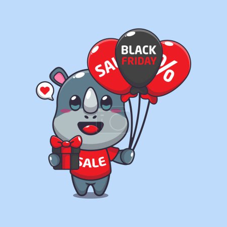 Illustration for Cute rhino with gifts and balloons in black friday sale cartoon vector illustration - Royalty Free Image