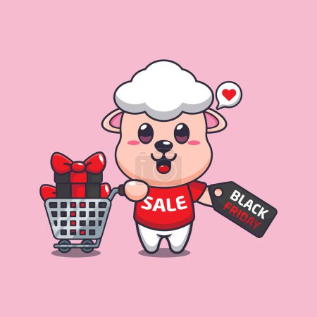 Illustration for Cute sheep with shopping cart and discount coupon black friday sale cartoon vector illustration - Royalty Free Image