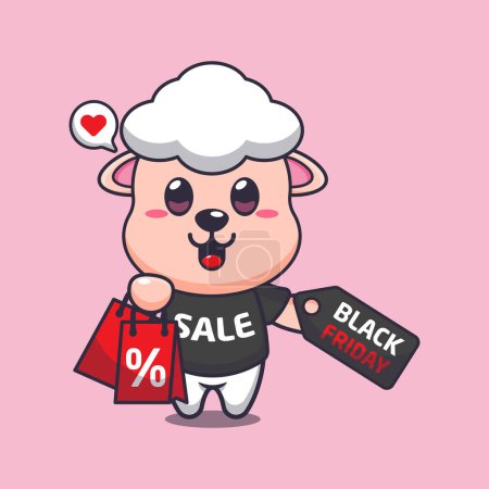Illustration for Cute sheep with shopping bag and black friday sale discount cartoon vector illustration - Royalty Free Image