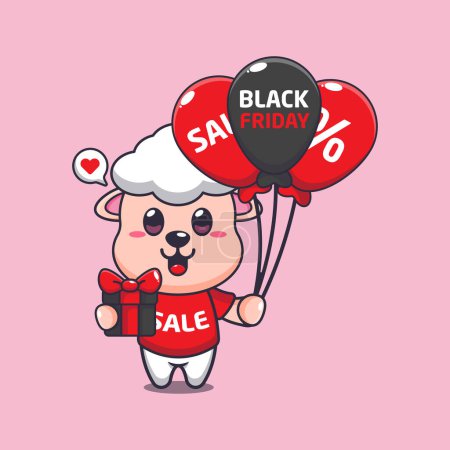 Illustration for Cute sheep with gifts and balloons in black friday sale cartoon vector illustration - Royalty Free Image