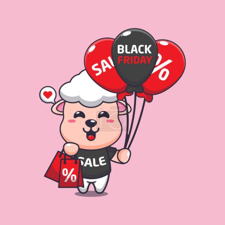 Ilustración de Lindo oveja con bolsa de compras y globo en negro viernes venta ilustración vector de dibujos animados - Imagen libre de derechos
