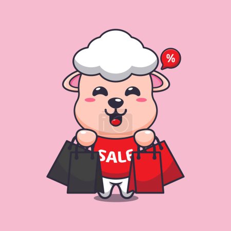 Illustration for Cute sheep with shopping bag in black friday sale cartoon vector illustration - Royalty Free Image