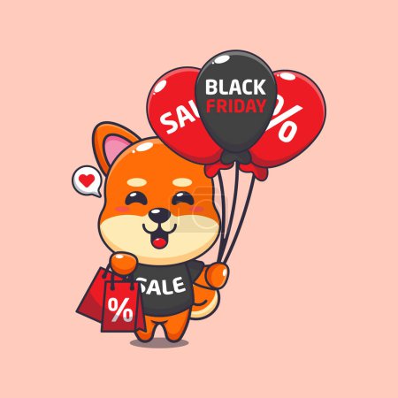 Illustration for Cute shiba inu with shopping bag and balloon at black friday sale cartoon vector illustration - Royalty Free Image