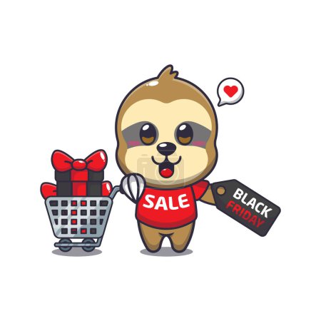 Illustration for Cute sloth with shopping cart and discount coupon black friday sale cartoon vector illustration - Royalty Free Image