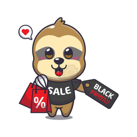 Illustration for Cute sloth with shopping bag and black friday sale discount cartoon vector illustration - Royalty Free Image