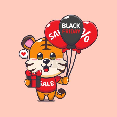 Illustration for Cute tiger with gifts and balloons in black friday sale cartoon vector illustration - Royalty Free Image