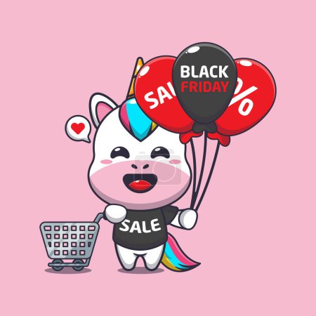 Ilustración de Lindo unicornio con carrito de compras y globo en negro viernes venta ilustración vector de dibujos animados - Imagen libre de derechos