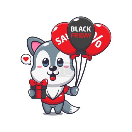 Illustration for Cute wolf with gifts and balloons in black friday sale cartoon vector illustration - Royalty Free Image