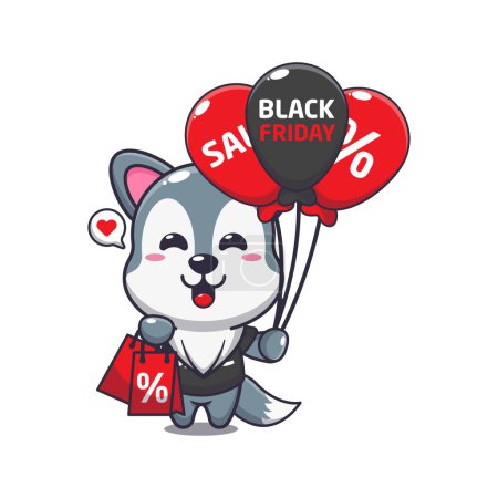 Illustration for Cute wolf with shopping bag and balloon at black friday sale cartoon vector illustration - Royalty Free Image