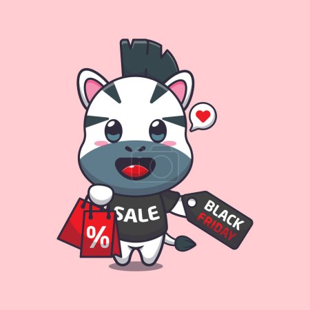 Illustration for Cute zebra with shopping bag and black friday sale discount cartoon vector illustration - Royalty Free Image