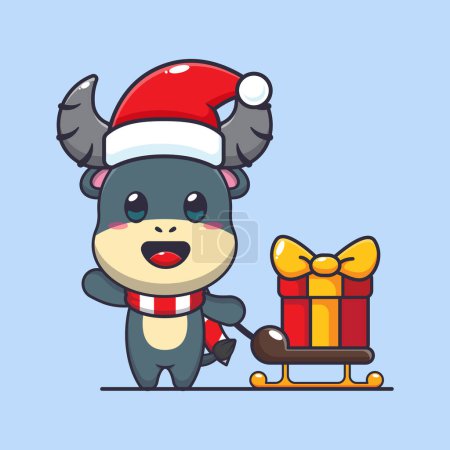 Téléchargez les illustrations : Bison mignon portant boîte cadeau de Noël. Jolie illustration de personnage de dessin animé de Noël. - en licence libre de droit