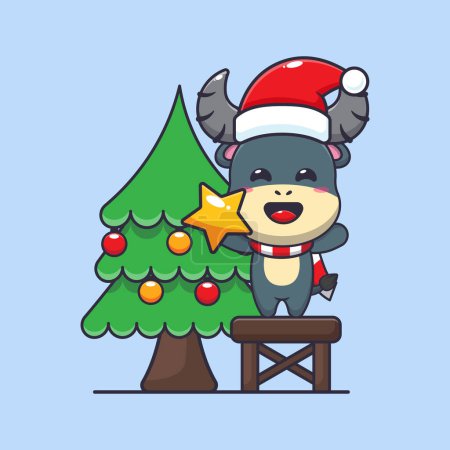 Illustration for Cute buffalo taking star from christmas tree. Cute christmas cartoon character illustration. - Royalty Free Image