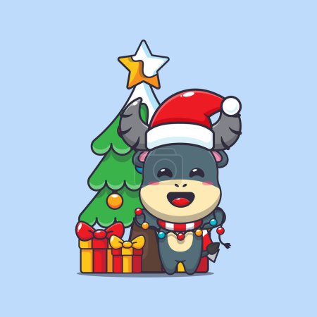 Illustration for Cute buffalo with christmast lamp. Cute christmas cartoon character illustration. - Royalty Free Image