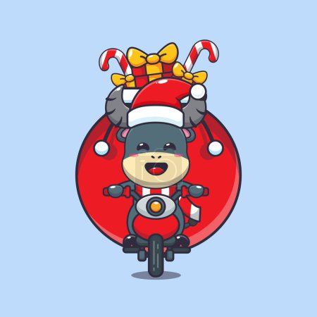 Téléchargez les illustrations : Bison mignon portant cadeau de Noël avec moto. Jolie illustration de personnage de dessin animé de Noël. - en licence libre de droit