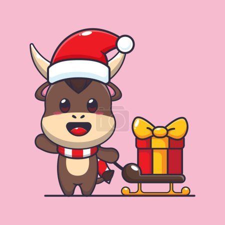 Illustration for Cute bull carrying christmas gift box. Cute christmas cartoon character illustration. - Royalty Free Image
