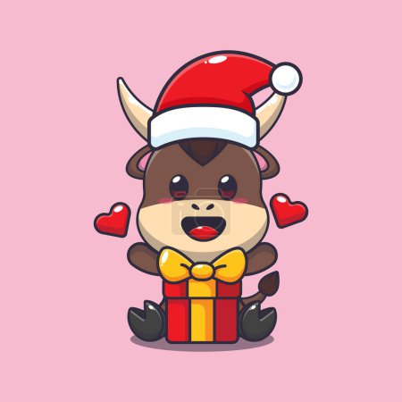 Illustration for Cute bull with christmas gift. Cute christmas cartoon character illustration. - Royalty Free Image