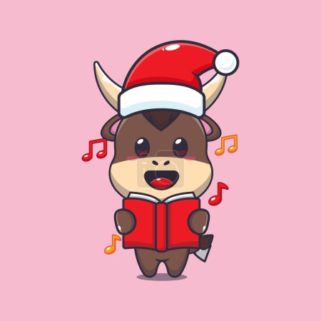 Ilustración de Lindo toro cantando una canción de Navidad. Lindo personaje de dibujos animados de Navidad ilustración. - Imagen libre de derechos