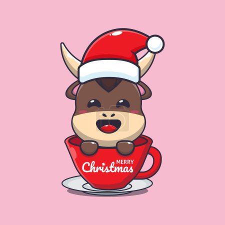 Ilustración de Lindo toro con sombrero de santa en taza. Lindo personaje de dibujos animados de Navidad ilustración. - Imagen libre de derechos