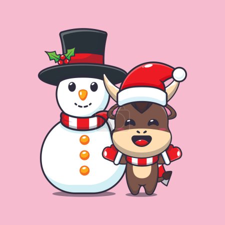 Téléchargez les illustrations : Joli taureau jouant avec Snowman. Jolie illustration de personnage de dessin animé de Noël. - en licence libre de droit