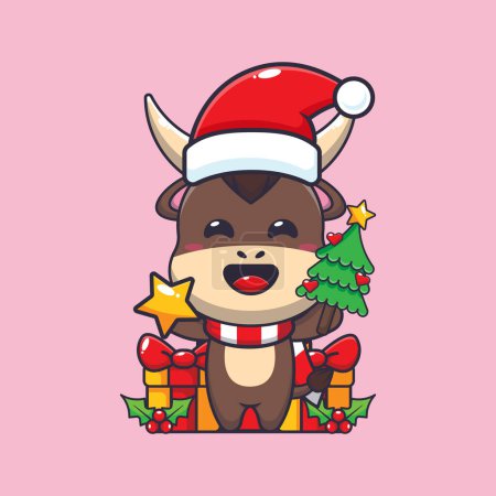 Téléchargez les illustrations : Mignon taureau tenant étoile et arbre de Noël. Jolie illustration de personnage de dessin animé de Noël. - en licence libre de droit