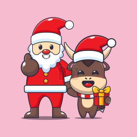 Ilustración de Lindo toro con Santa Claus. Lindo personaje de dibujos animados de Navidad ilustración. - Imagen libre de derechos
