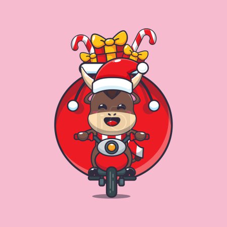 Téléchargez les illustrations : Mignon taureau portant cadeau de Noël avec moto. Jolie illustration de personnage de dessin animé de Noël. - en licence libre de droit