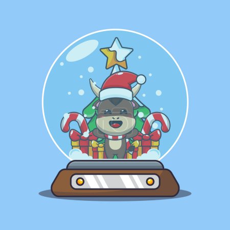 Illustration for Cute bull in snow globe. Cute christmas cartoon character illustration. - Royalty Free Image