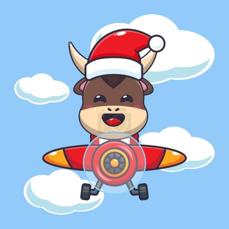 Téléchargez les illustrations : Mignon taureau portant le chapeau de Père Noël volant avec l'avion. Jolie illustration de personnage de dessin animé de Noël. - en licence libre de droit