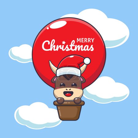 Illustration for Cute bull fly with air balloon. Cute christmas cartoon character illustration. - Royalty Free Image