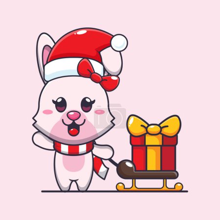 Téléchargez les illustrations : Mignon lapin portant boîte cadeau de Noël. Jolie illustration de personnage de dessin animé de Noël. - en licence libre de droit