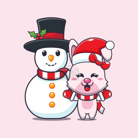 Téléchargez les illustrations : Mignon lapin jouer avec bonhomme de neige. Jolie illustration de personnage de dessin animé de Noël. - en licence libre de droit