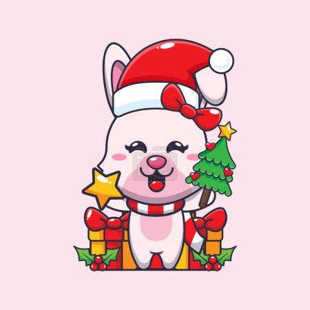 Illustration for Cute bunny holding star and christmas tree. Cute christmas cartoon character illustration. - Royalty Free Image