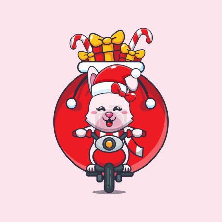 Ilustración de Lindo conejito llevando regalo de Navidad con motocicleta. Lindo personaje de dibujos animados de Navidad ilustración. - Imagen libre de derechos