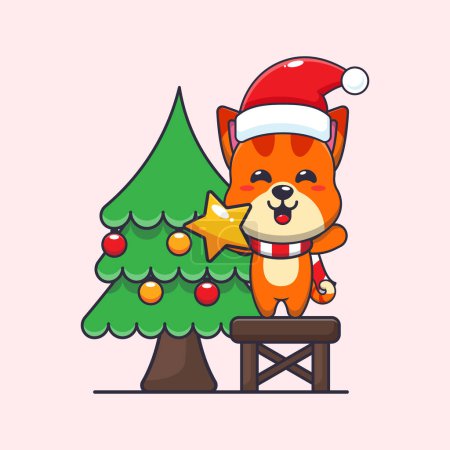 Illustration for Cute cat taking star from christmas tree. Cute christmas cartoon character illustration. - Royalty Free Image