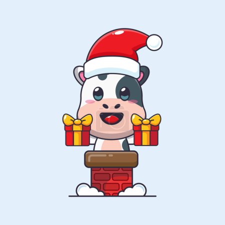 Téléchargez les illustrations : Jolie vache avec chapeau de Père Noël dans la cheminée. Jolie illustration de personnage de dessin animé de Noël. - en licence libre de droit